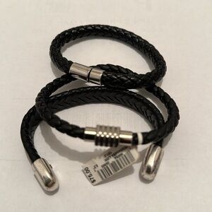 Black Leather Stainless Steel Bracelets (Set of 3)